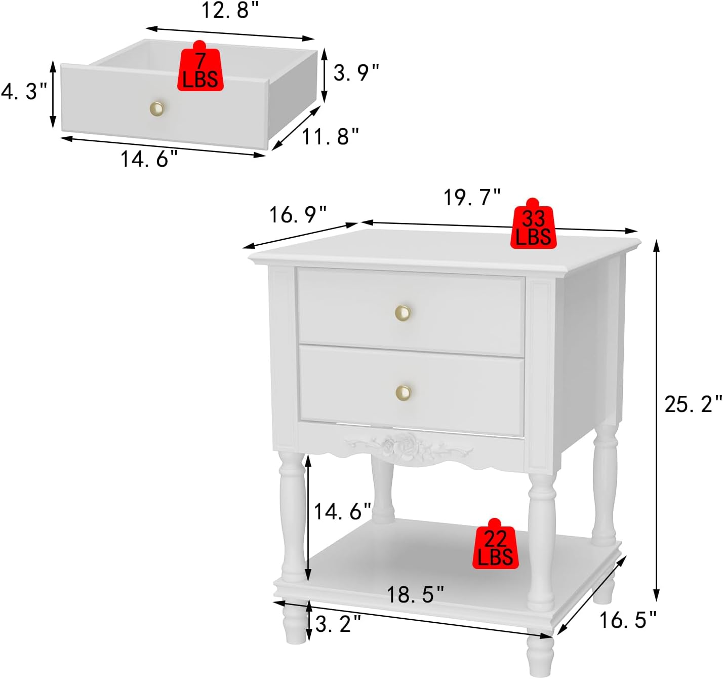 White 2 Drawers Carved Nightstand