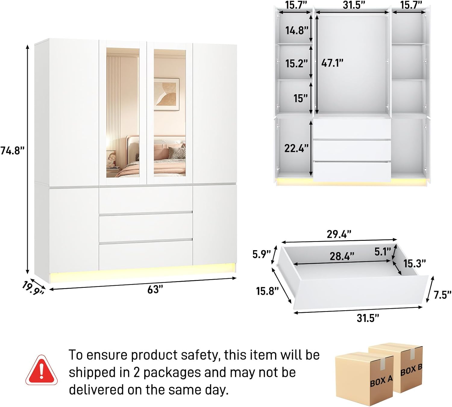 4 Doors Armoire Wooden Wardrobe Closet