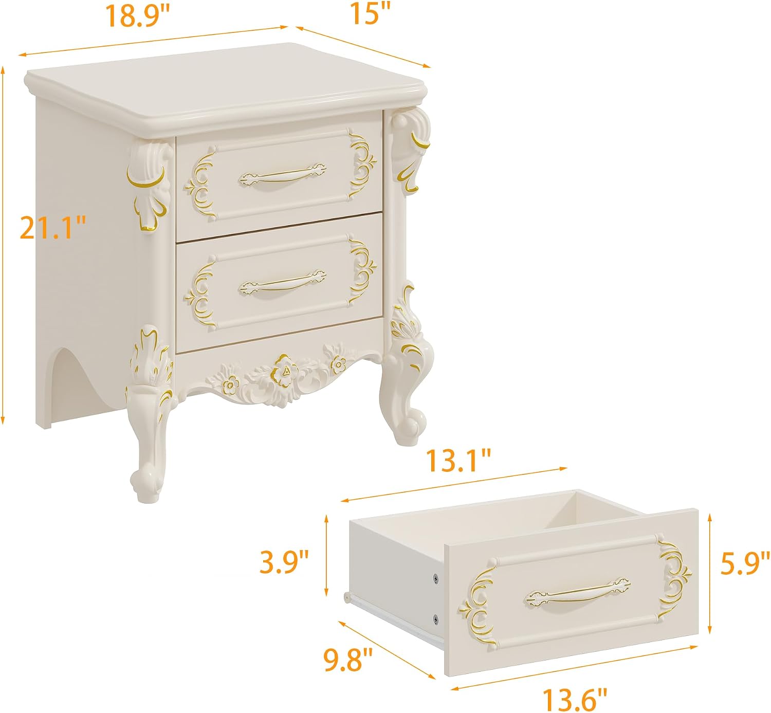 Vintage Carved 2 Drawers Nightstand