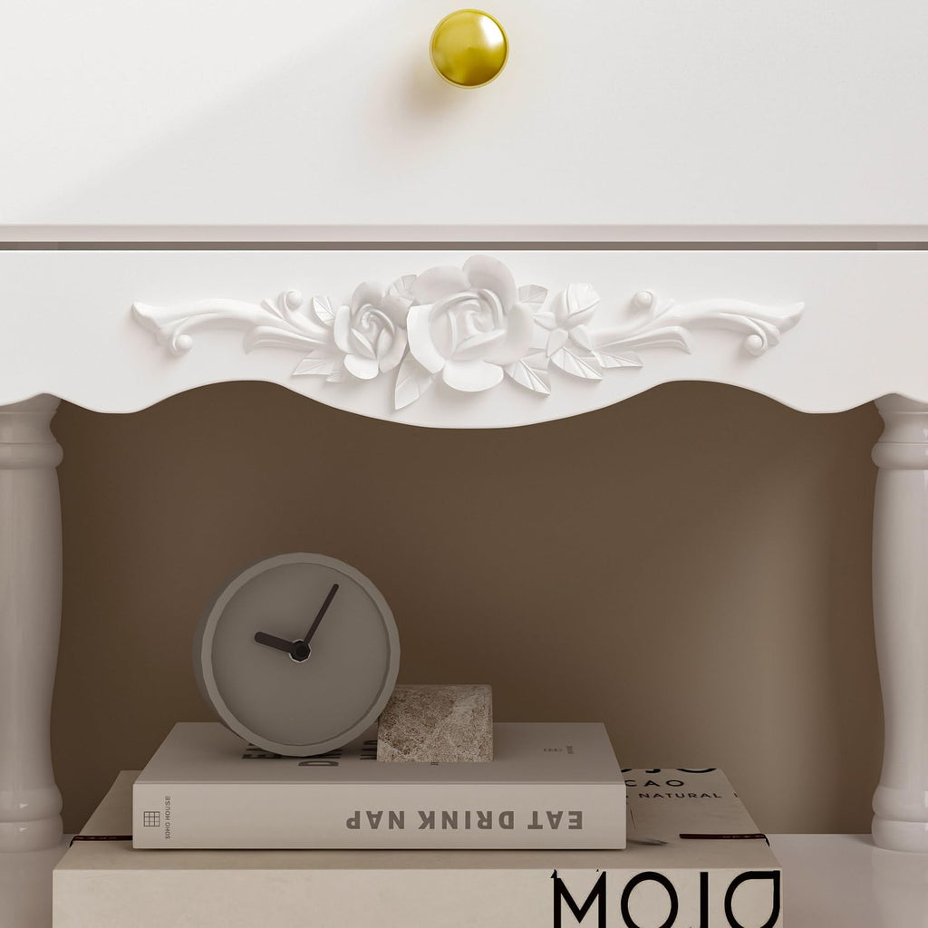 White 2 Drawers Carved Nightstand
