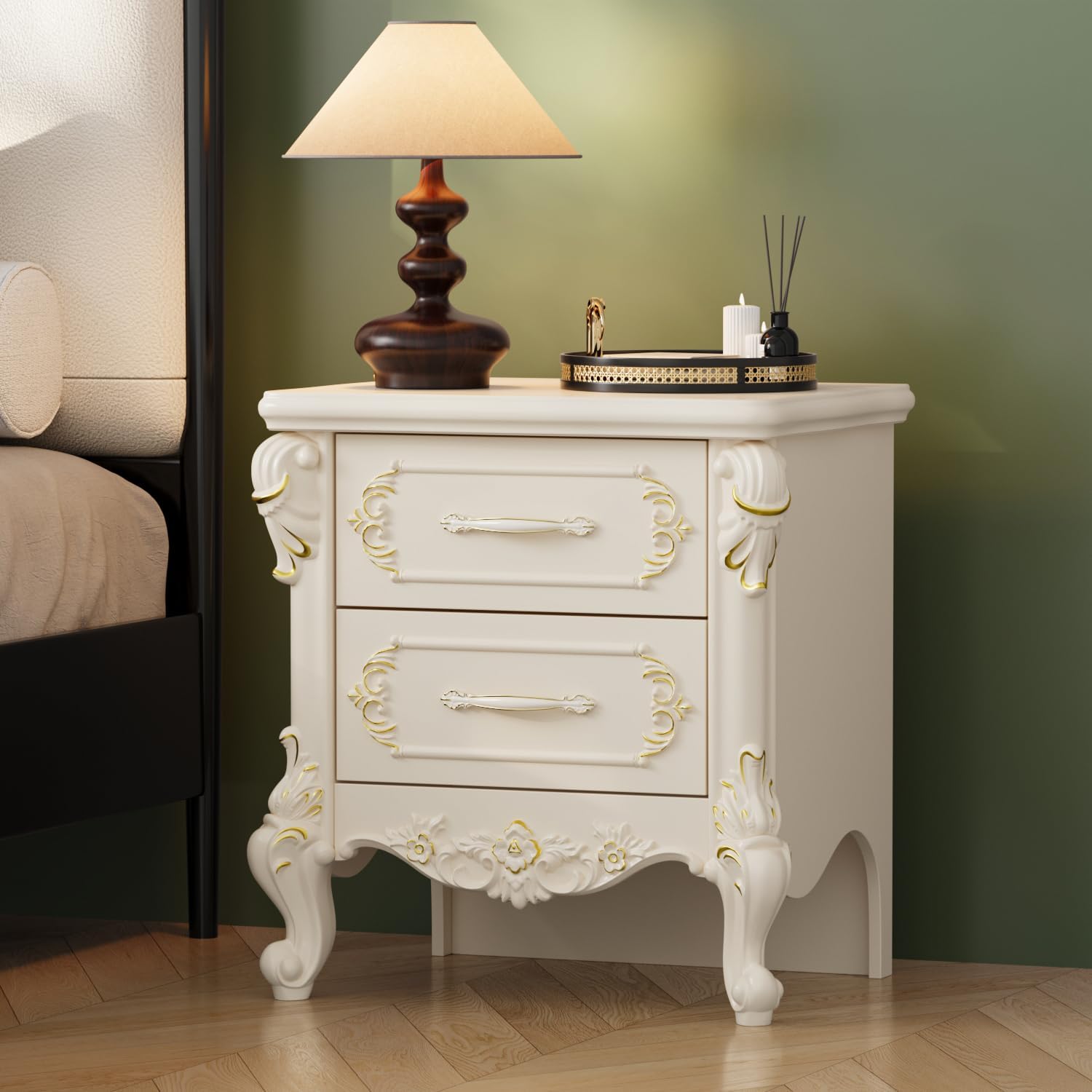 Vintage Carved 2 Drawers Nightstand