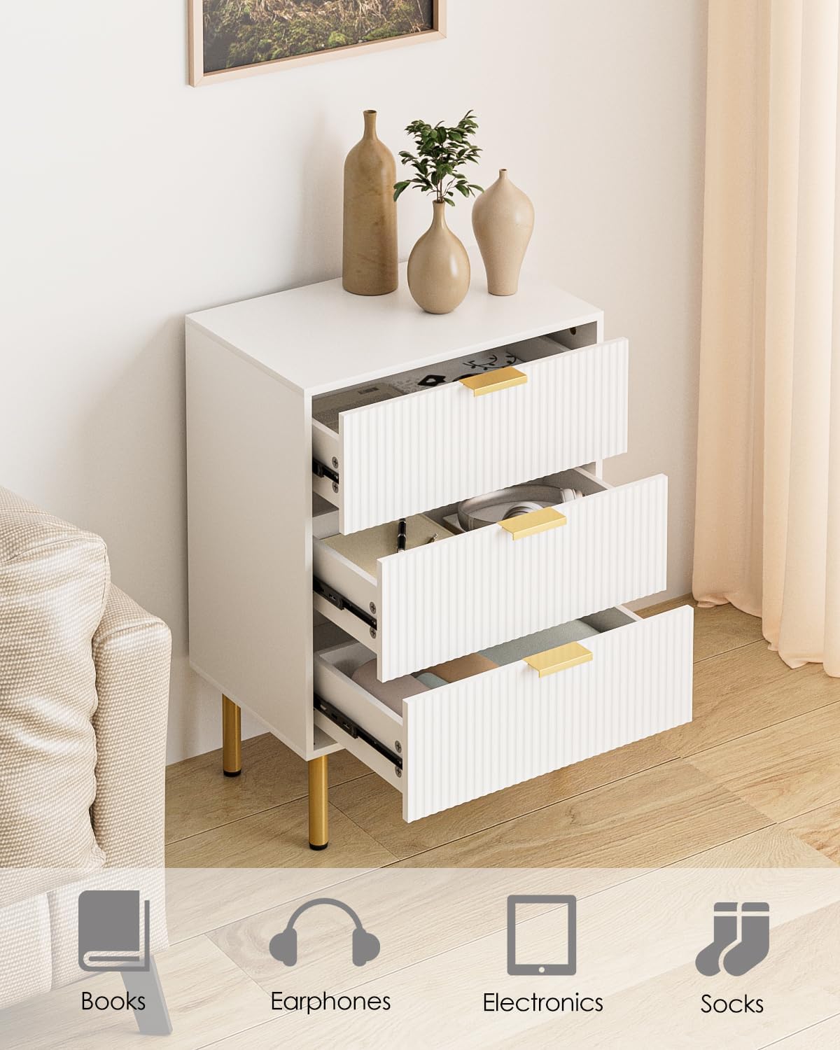 3 Drawers Fluted Nightstand