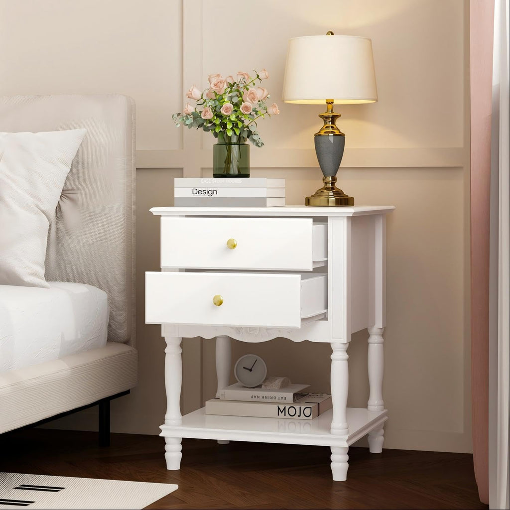 White 2 Drawers Carved Nightstand