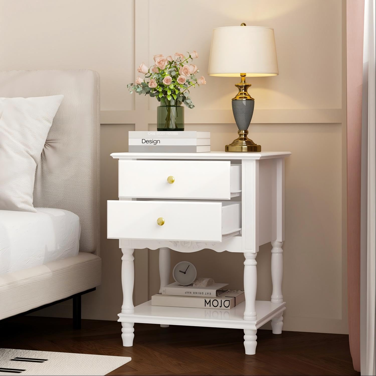 White 2 Drawers Carved Nightstand
