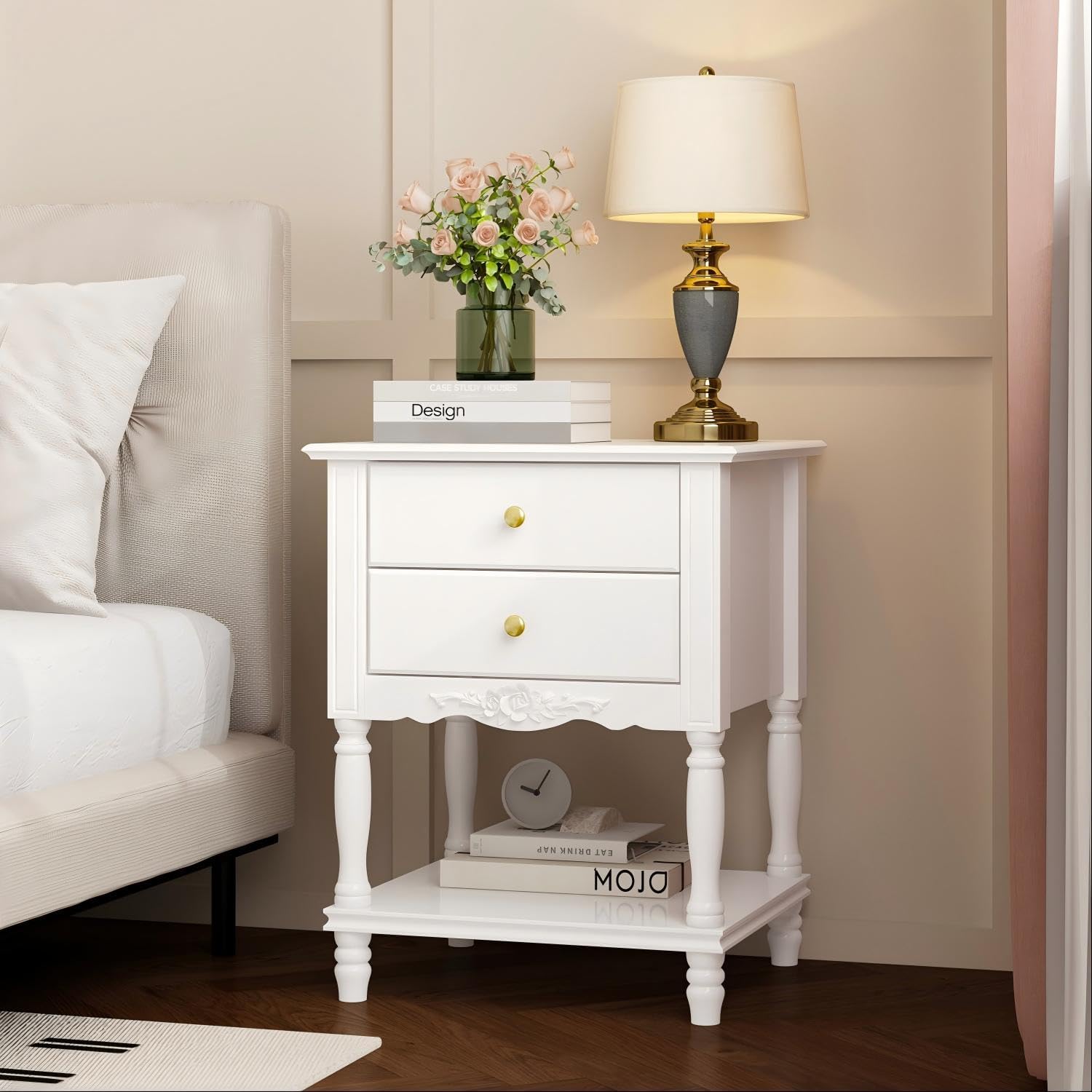 White 2 Drawers Carved Nightstand