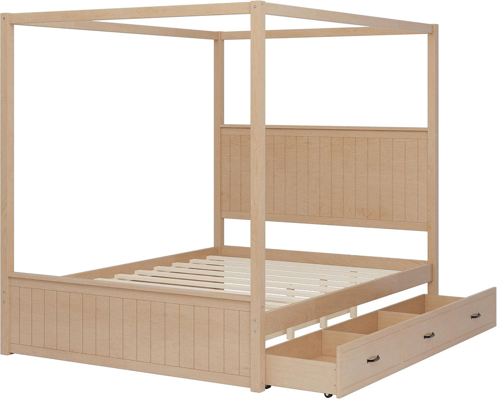Solid Wood Canopy Bed With Drawers Trundle