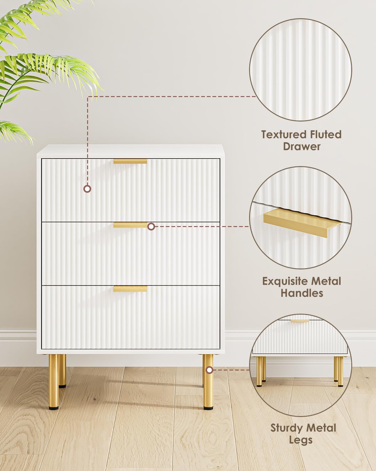 3 Drawers Fluted Nightstand