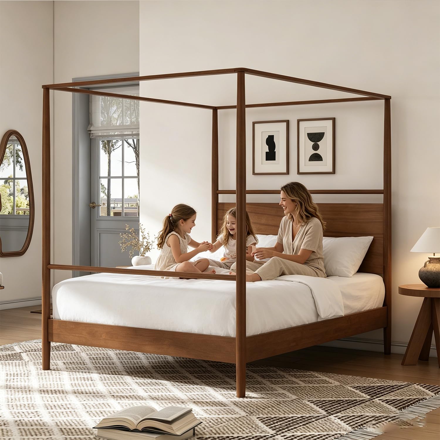 Vintage Four-Poster Wood Canopy Bed