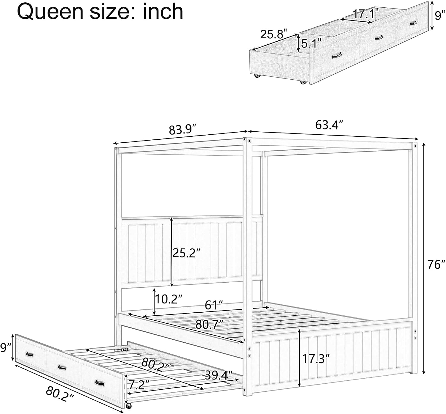 Solid Wood Canopy Bed With Drawers Trundle
