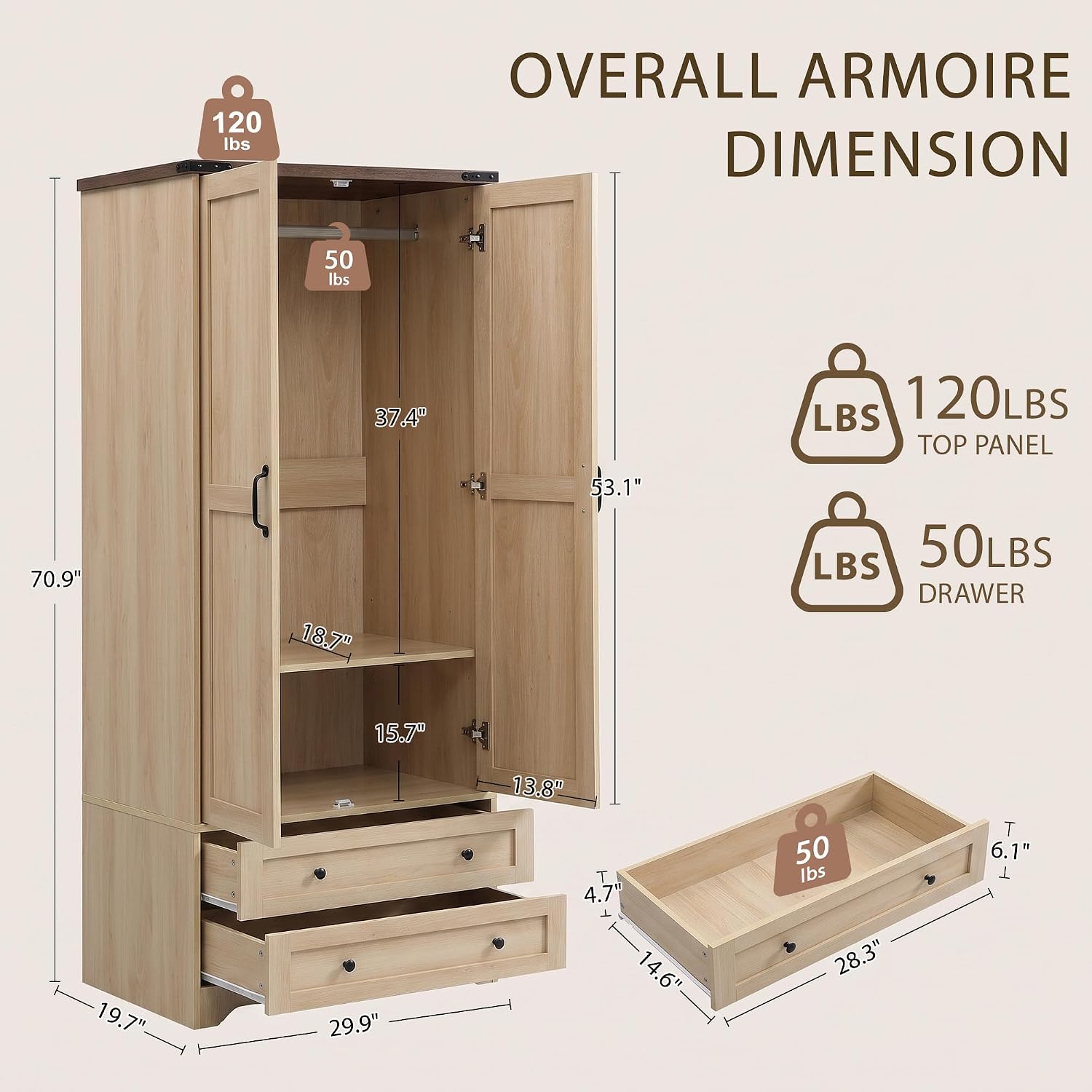 71" Wooden Armoire Wardrobe Closet Set
