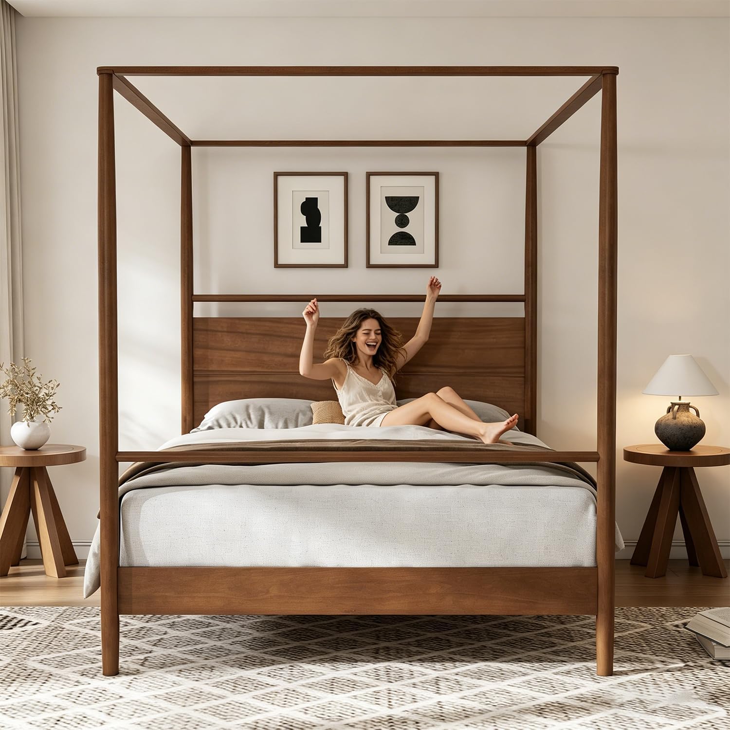 Vintage Four-Poster Wood Canopy Bed
