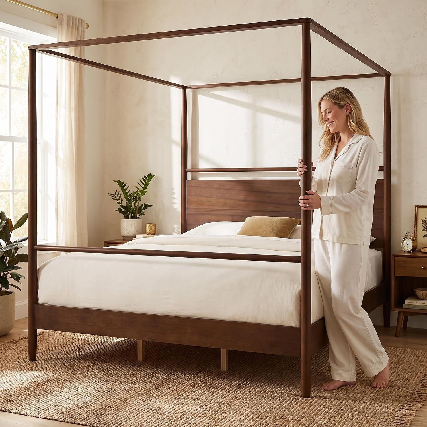 Vintage Four-Poster Wood Canopy Bed