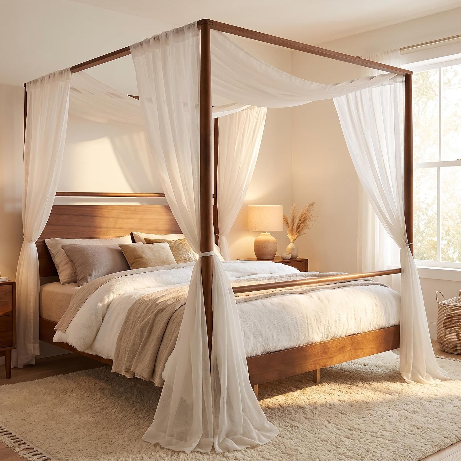 Vintage Four-Poster Wood Canopy Bed
