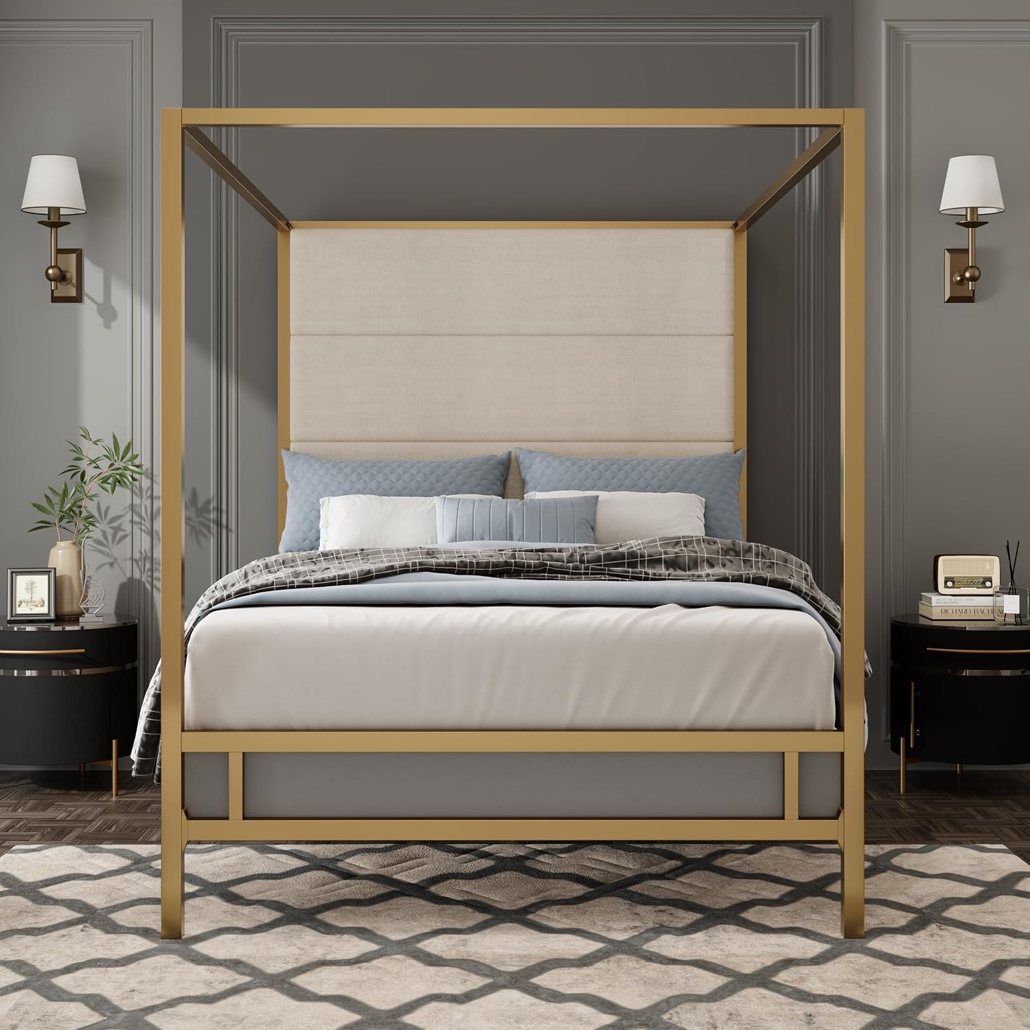 Queen 4-Post Velvet Canopy Bed Frame