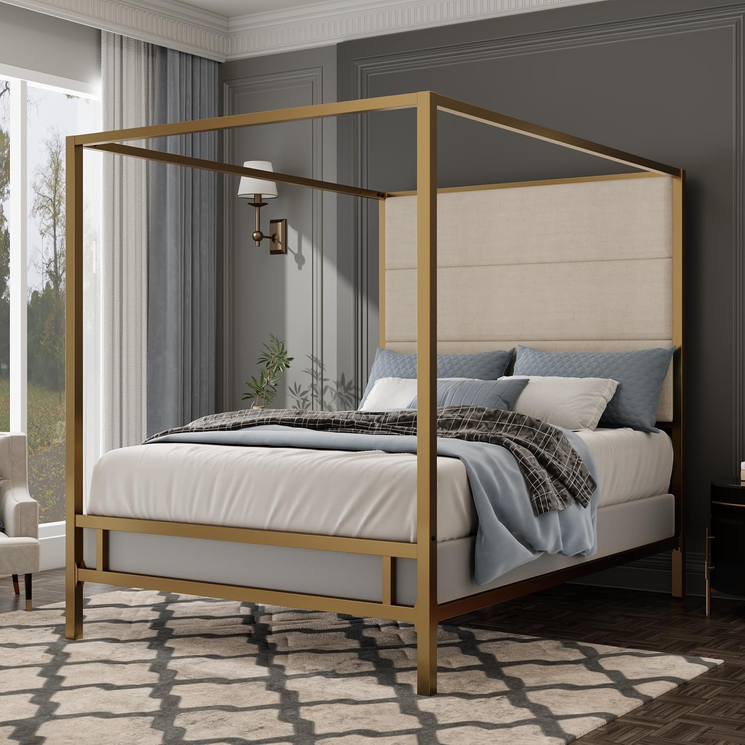 Queen 4-Post Velvet Canopy Bed Frame