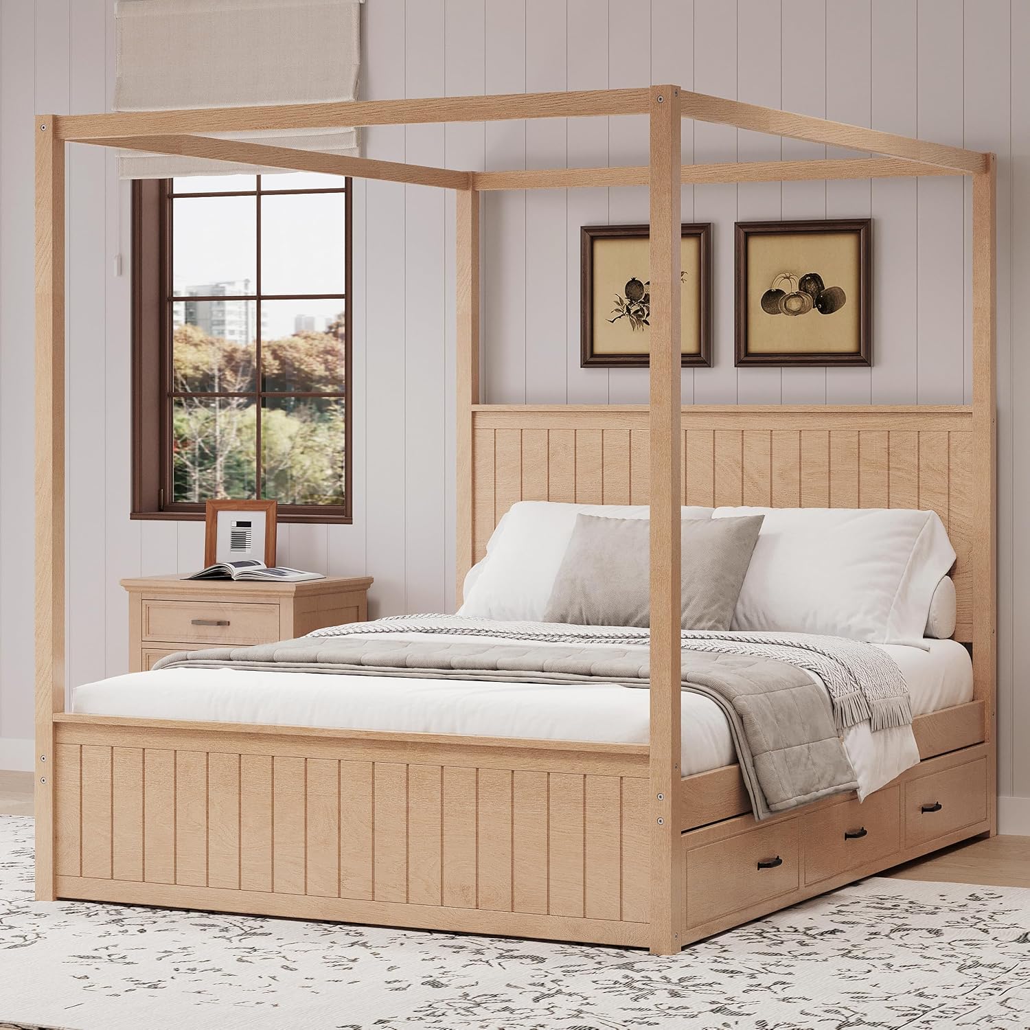 Solid Wood Canopy Bed With Drawers Trundle