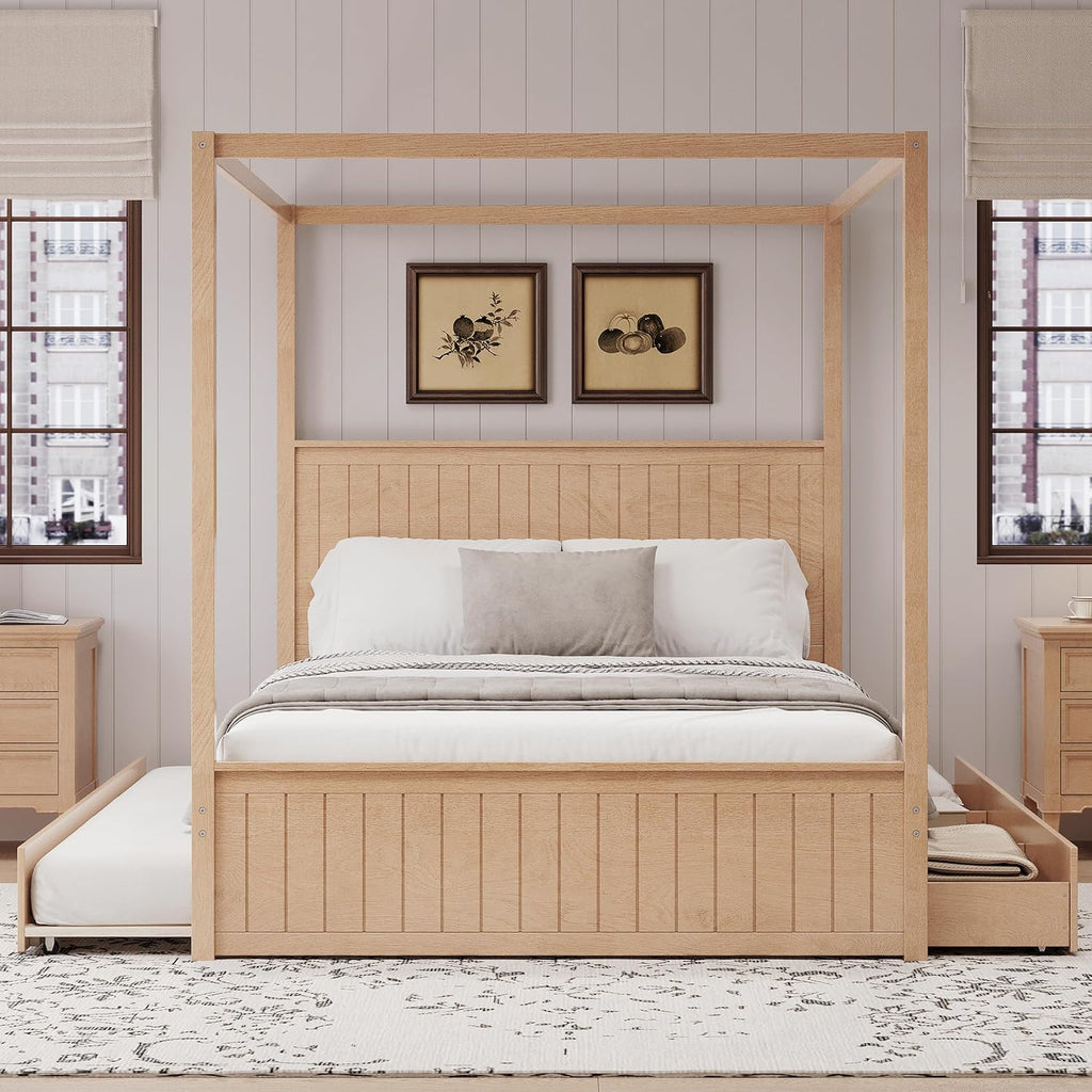 Solid Wood Canopy Bed With Drawers Trundle